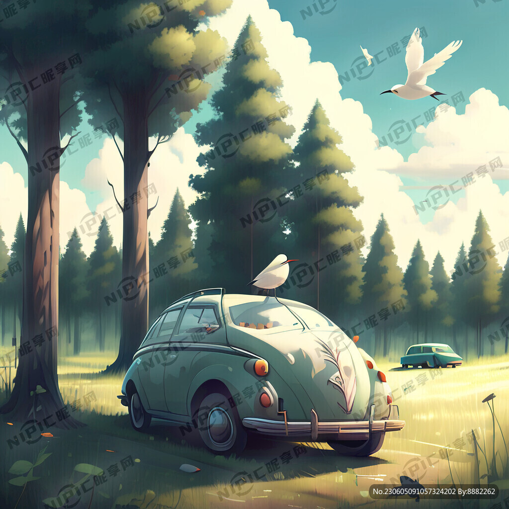 树林 小汽车 白云 小鸟