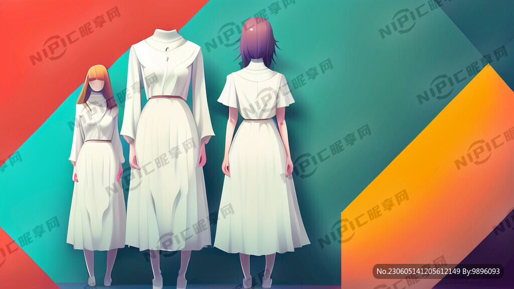 彩色背景 中间有白色连衣裙