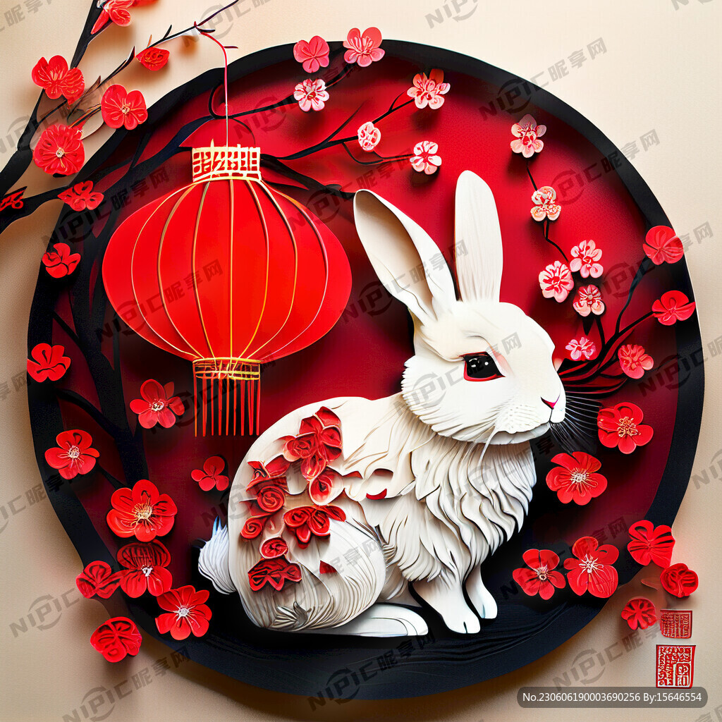 衍纸艺术 春节 可爱兔子 红梅