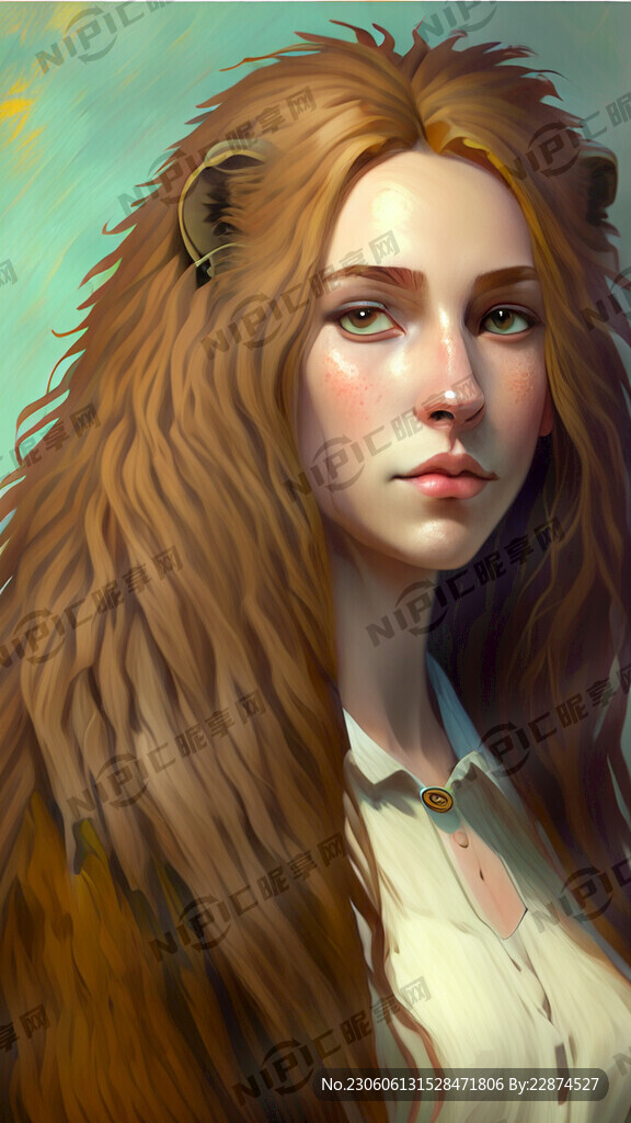 狮子守护长头发的美丽女孩