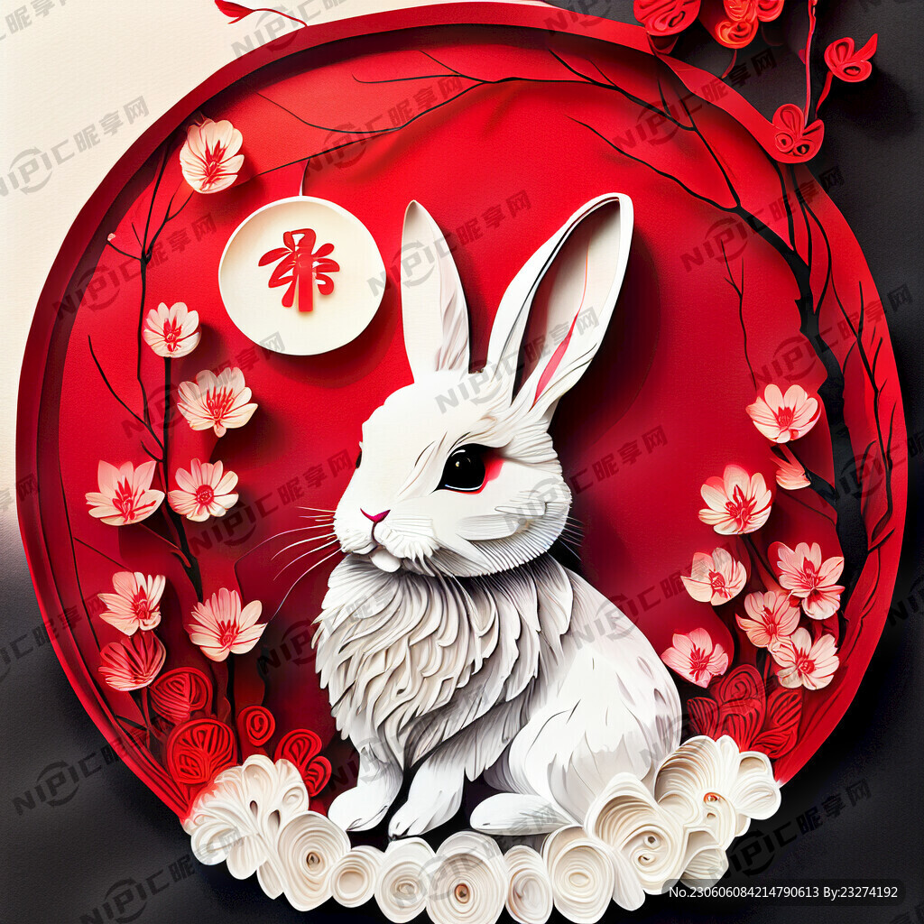 衍纸艺术 春节 可爱兔子 红梅