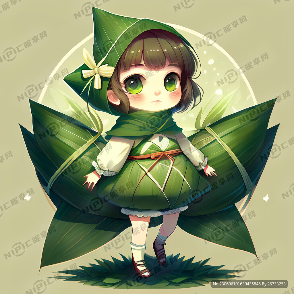 绿色粽子 粽叶 少女 拟人