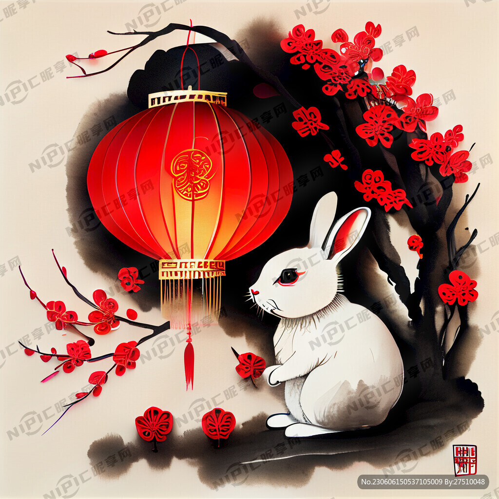 衍纸艺术 春节 可爱兔子 红梅