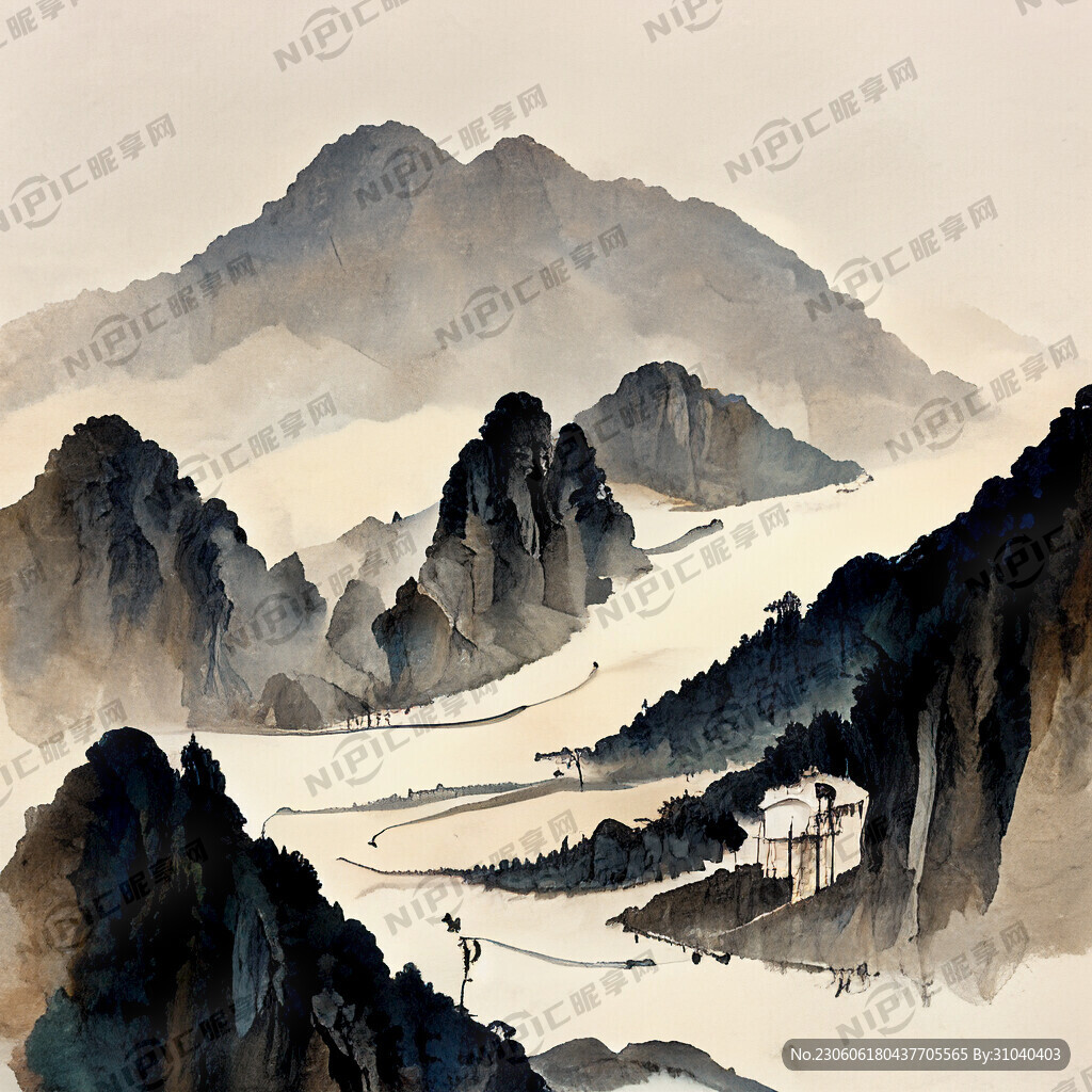 山谷 中国风 中国画 山水 牛