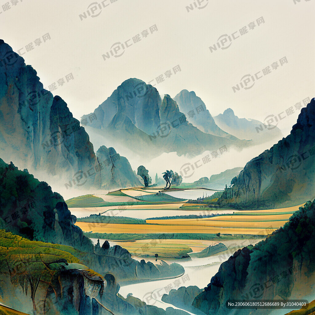山谷 中国风 中国画 山水 牛