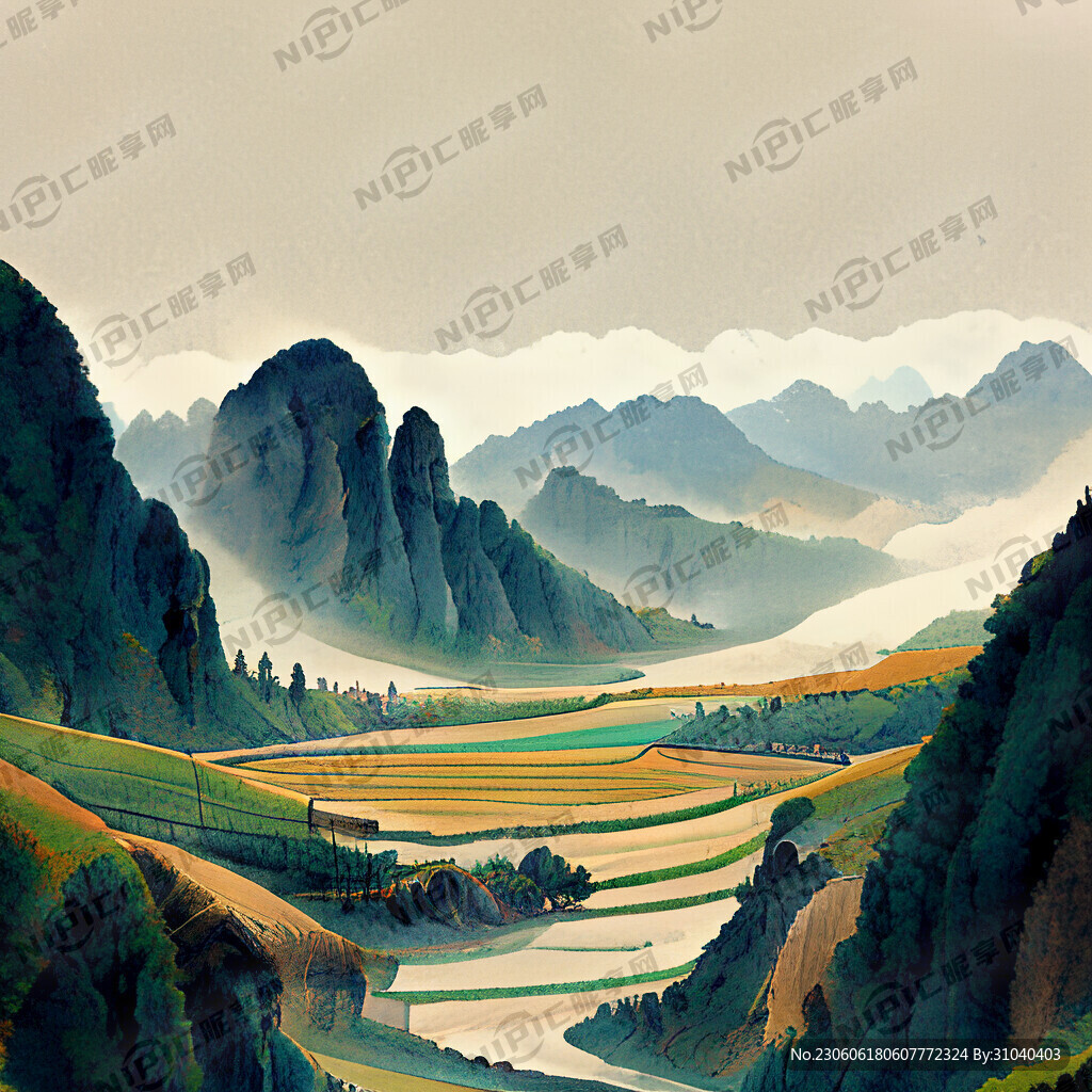 山谷 中国风 中国画 山水 牛