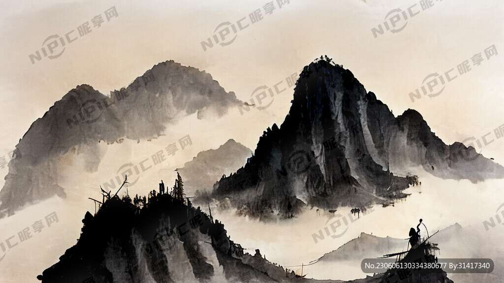 山水画晨阳小船渔夫