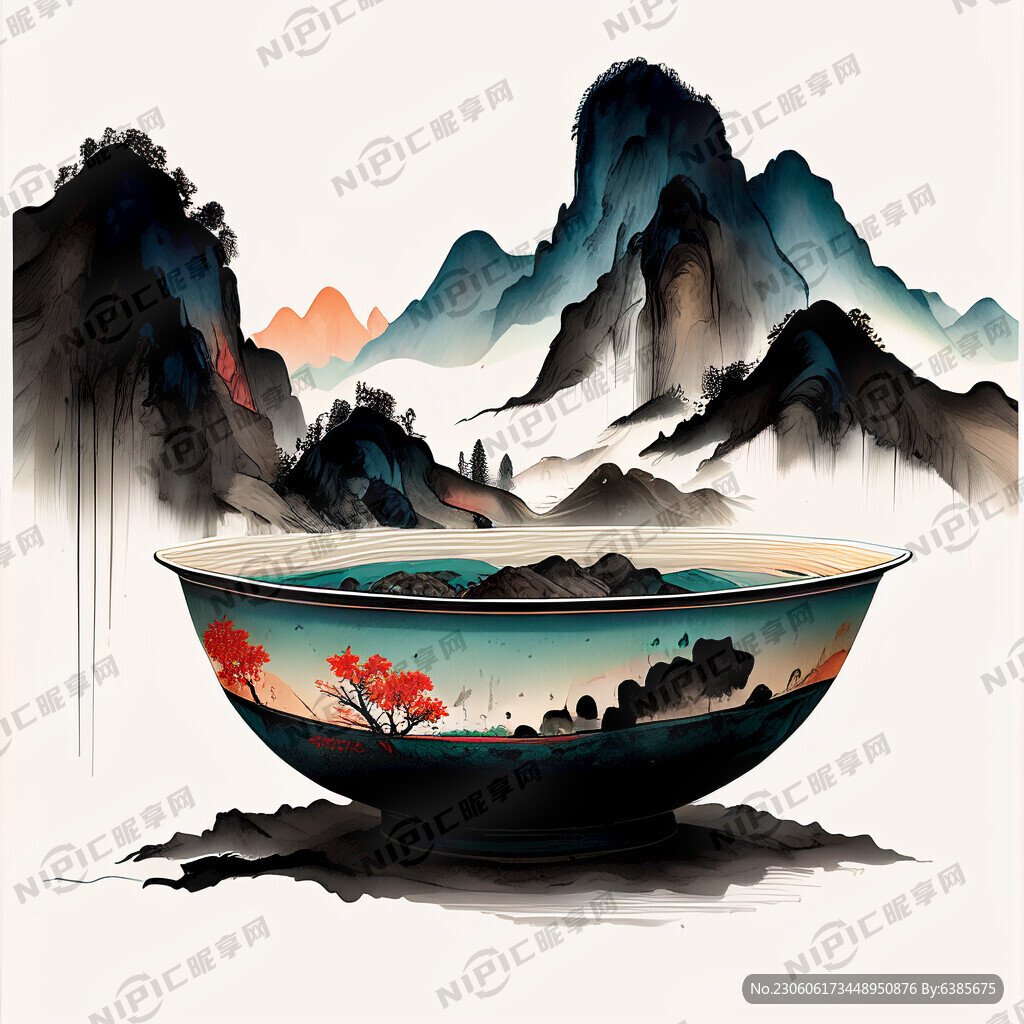 一碗丰盛的米线 后面背景是山水