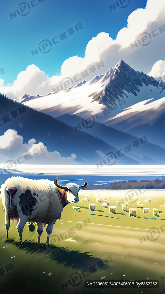 蓝天白云雪山草地牛羊