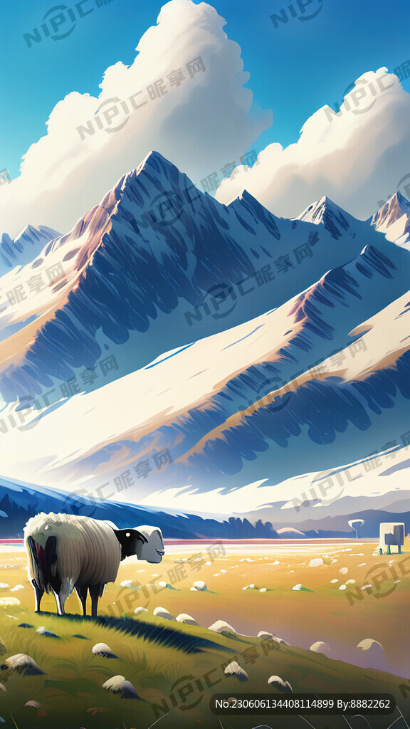 蓝天白云雪山草地牛羊