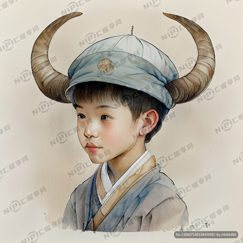 羊角帽子男孩中国风