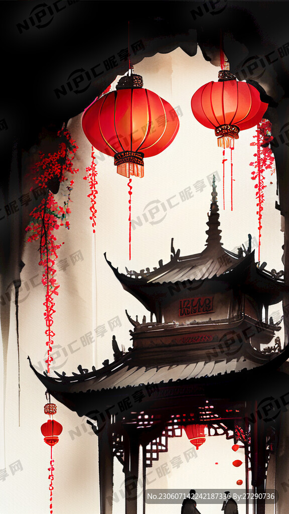 一座中式寺庙 红灯笼挂在侧面