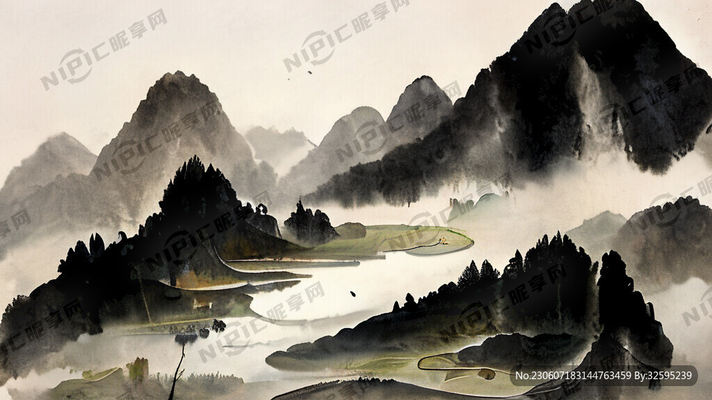 写意山水画 国画 水墨 池塘