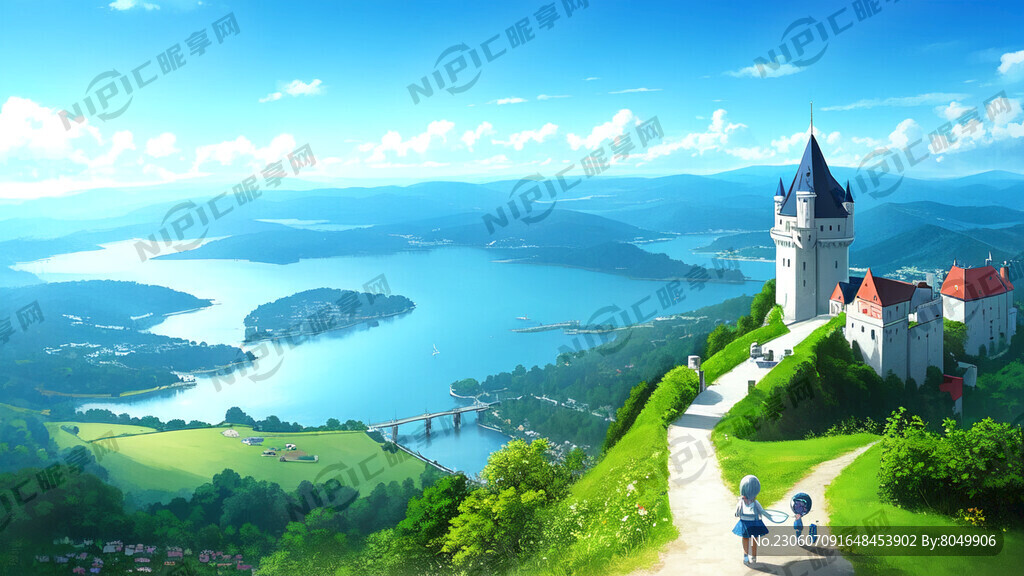 青山 湖水 天空 风筝 小女孩