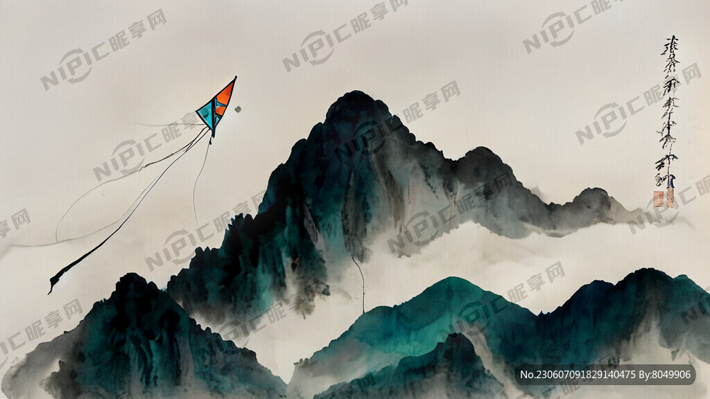 青山 湖水 天空 风筝 小女孩