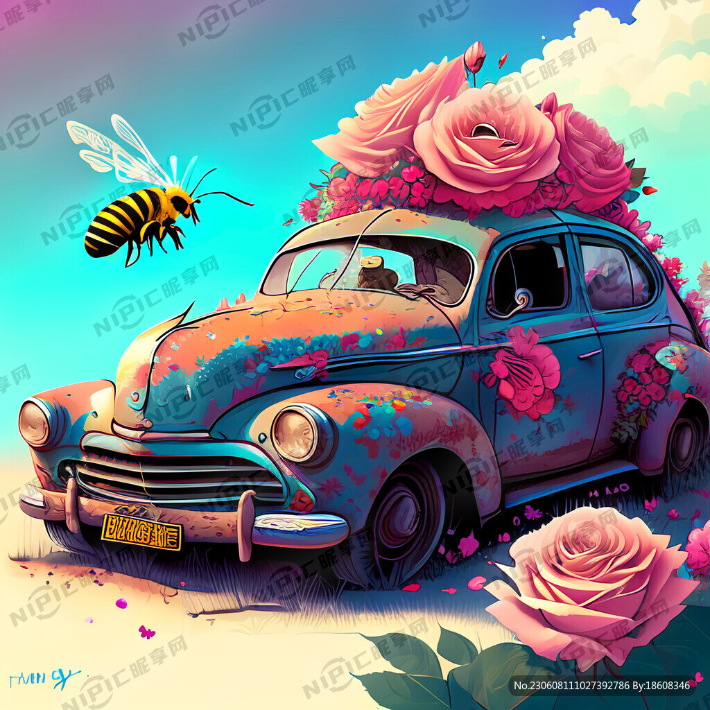 玫瑰花 破旧汽车 蜜蜂 质感