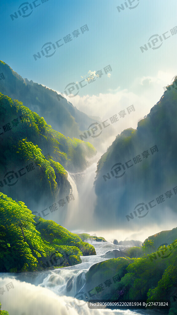 瀑布河流 山水 植物丰茂的春天