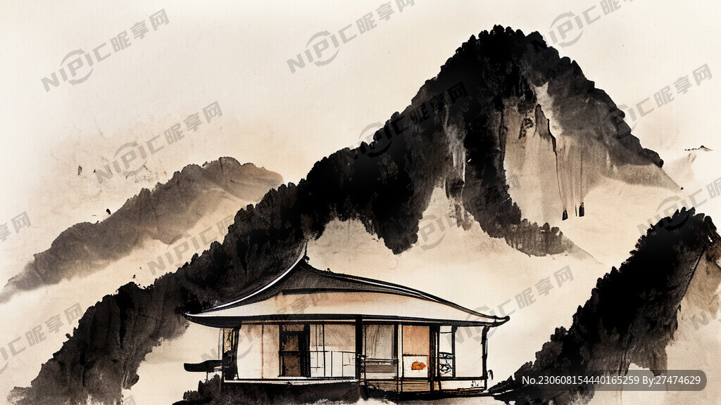 水墨画 山水 房屋 船只 茶道