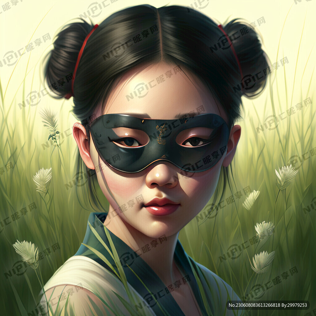 一个女孩在艾草丛中戴着眼罩