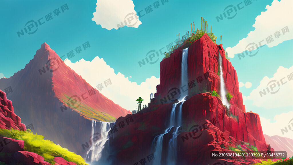 瀑布 植物丰茂的春天 天空晴朗