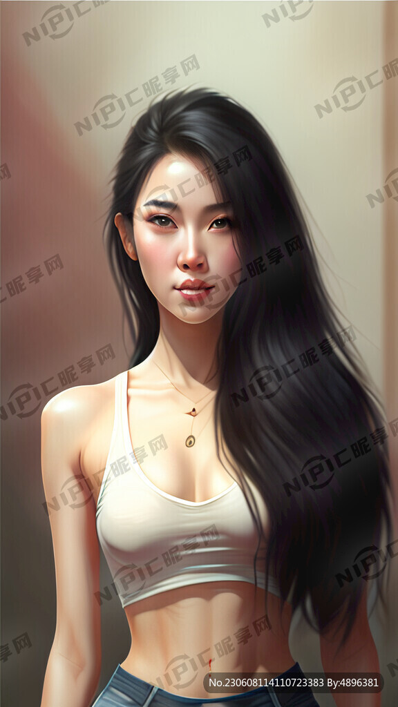 穿短裤的背心的长发甜美美女