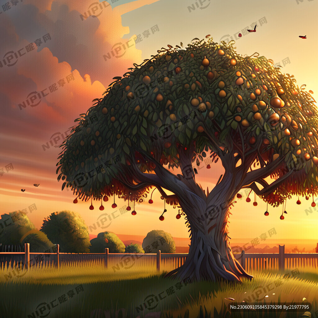 农村落日枣树鹅梨树篱笆土墙