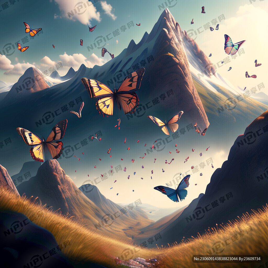 一群蝴蝶飞越高山一片开阔