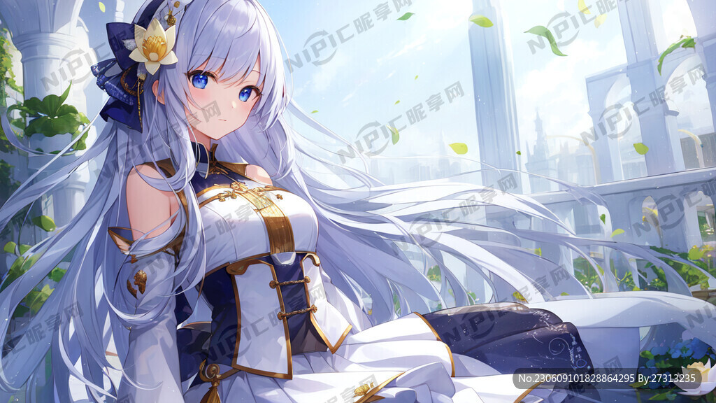 女孩 长发 荷花 白色 裙子