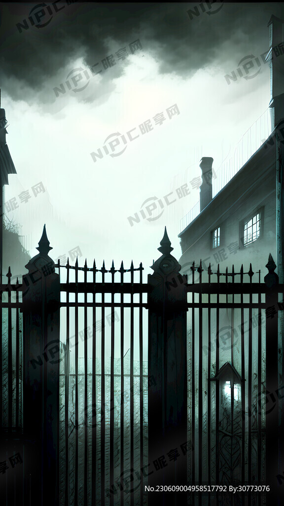 黑夜阴森的监狱栏杆铁门