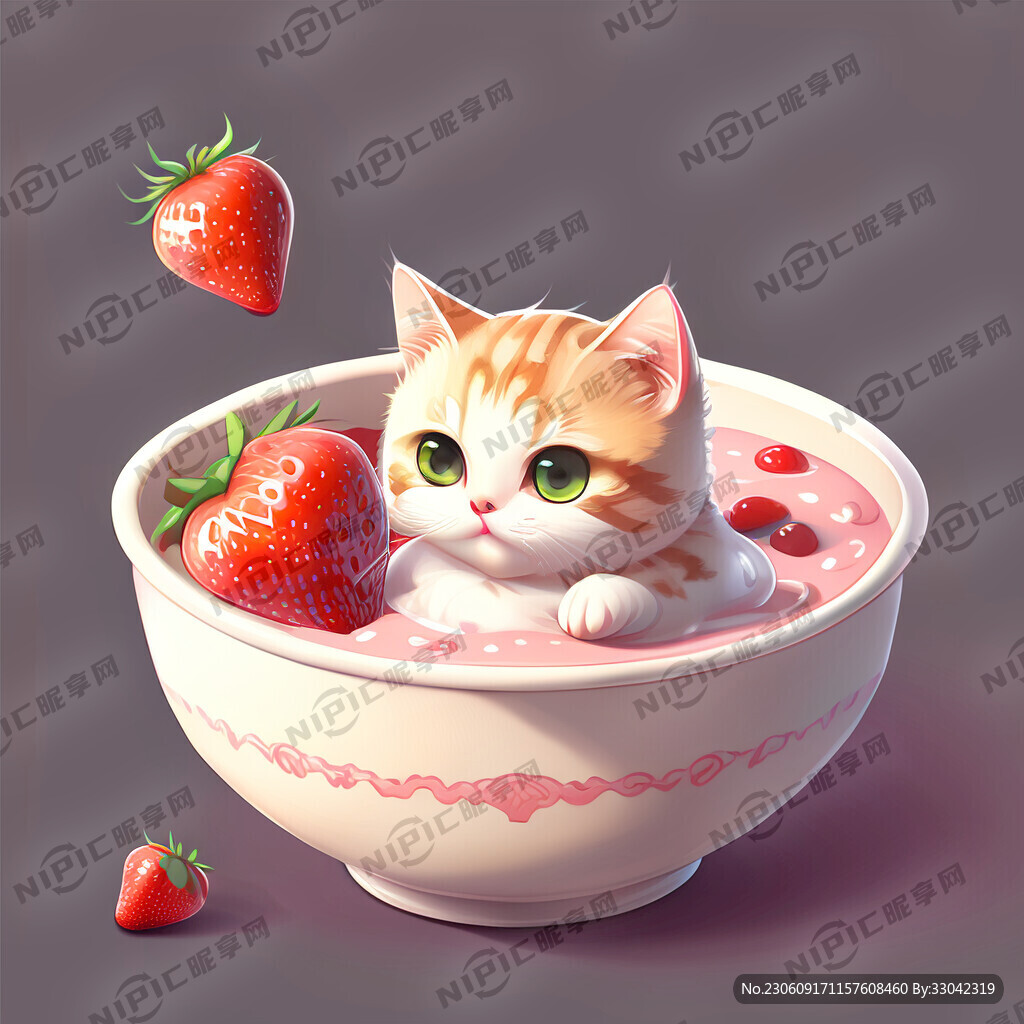碗 猫咪 酸奶草莓