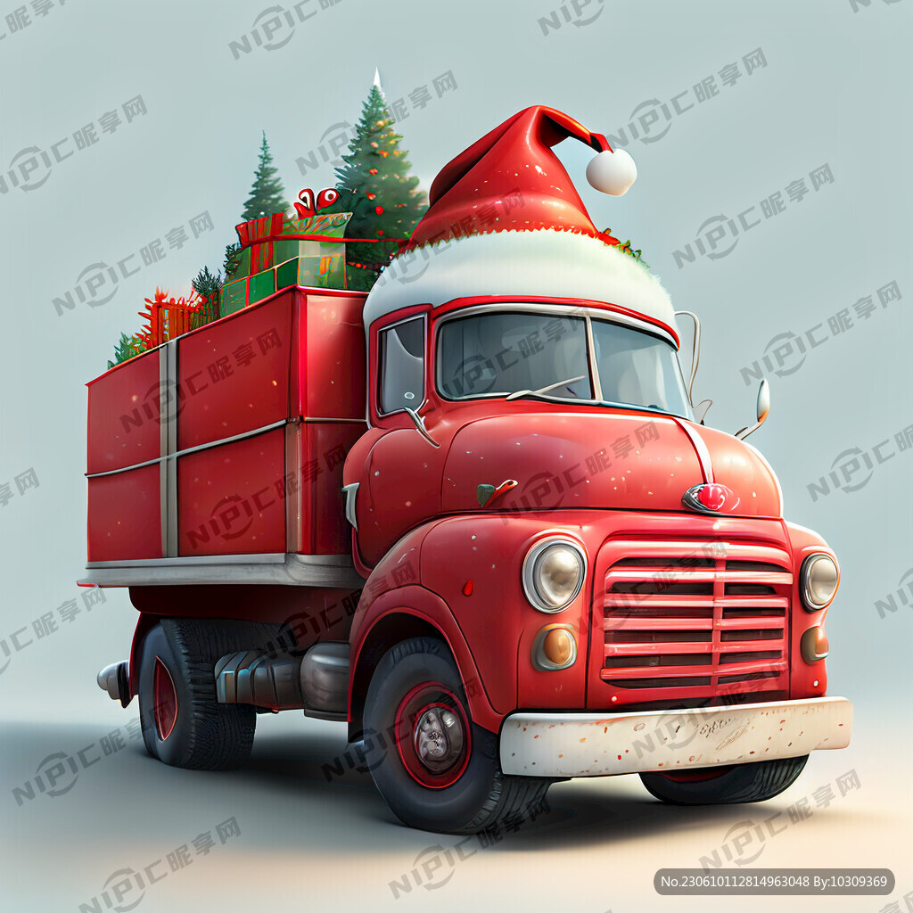 一辆红色卡车带着圣诞帽