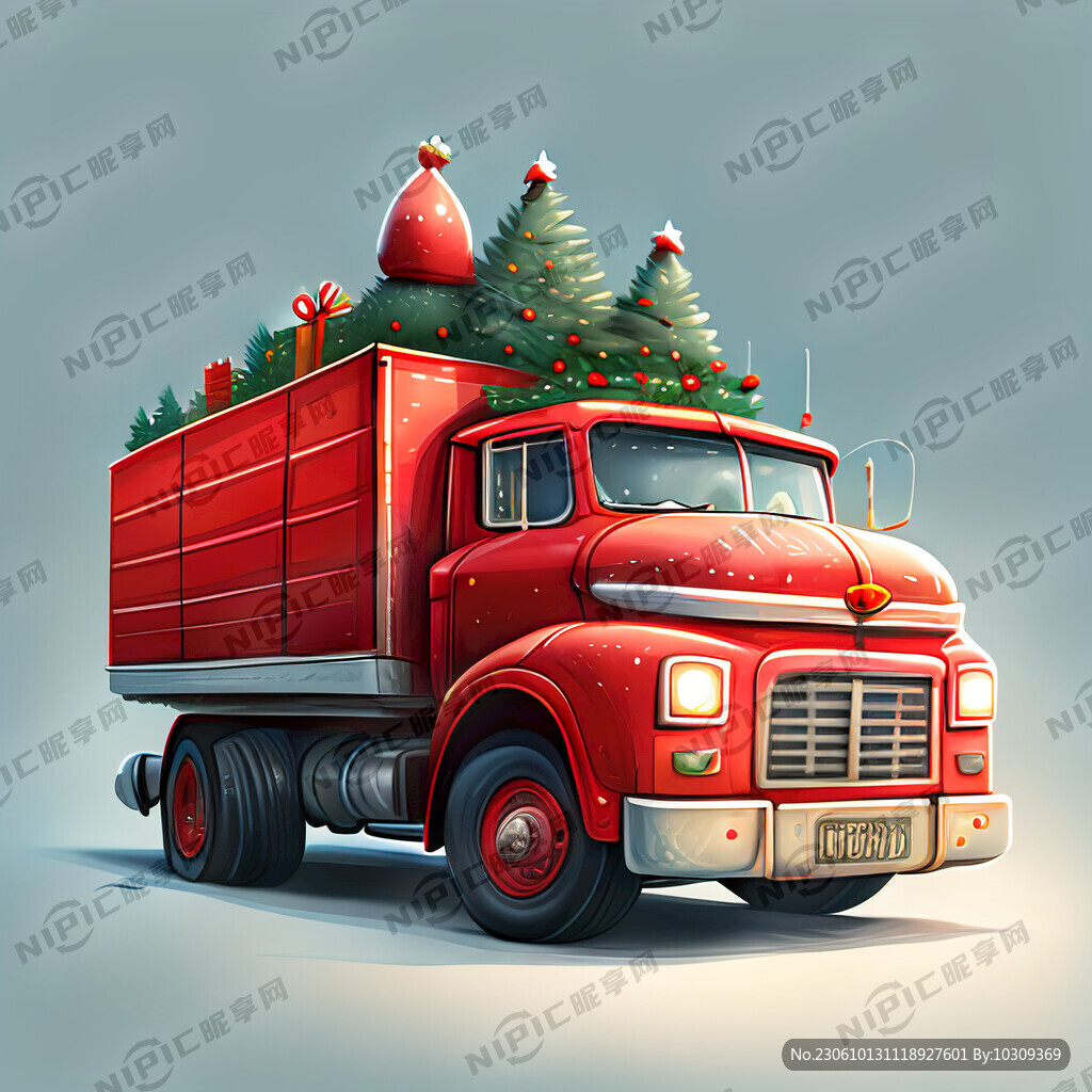 一辆红色卡车 卡车头带着圣诞帽