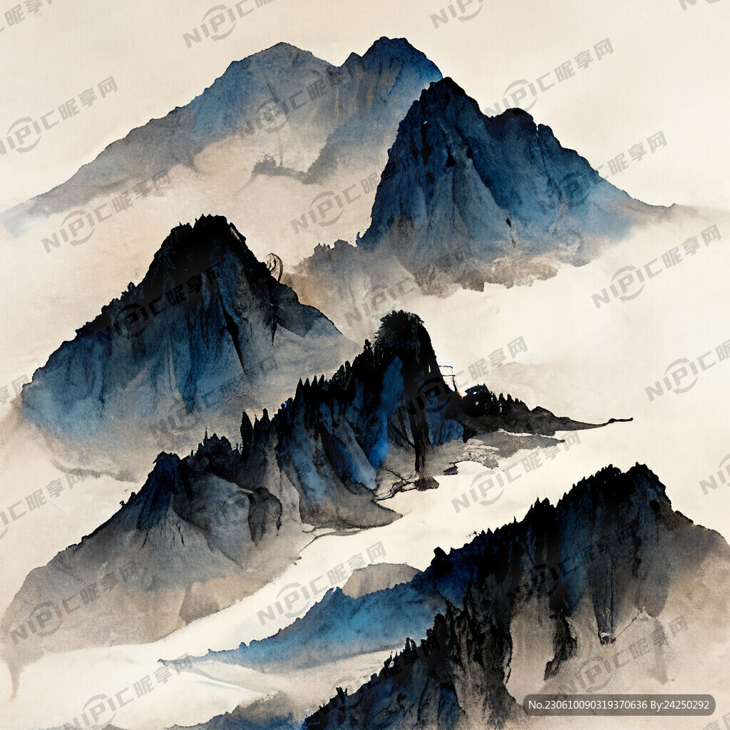 墨蓝色山水画