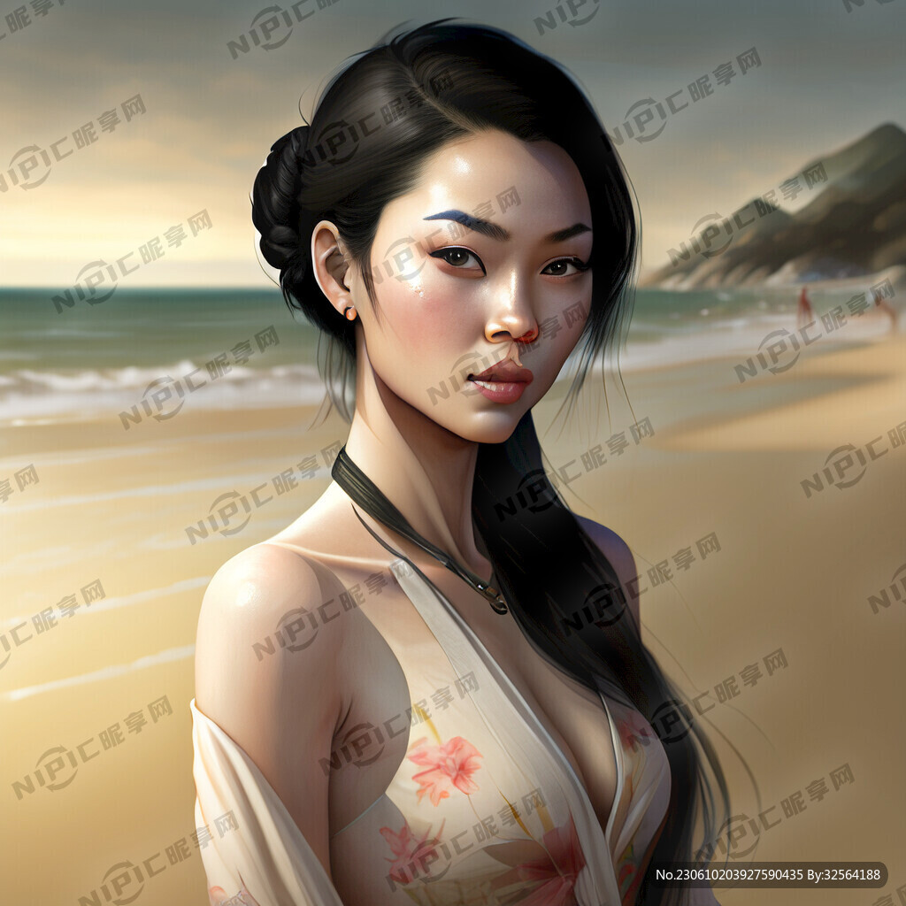 一个美女在沙滩上