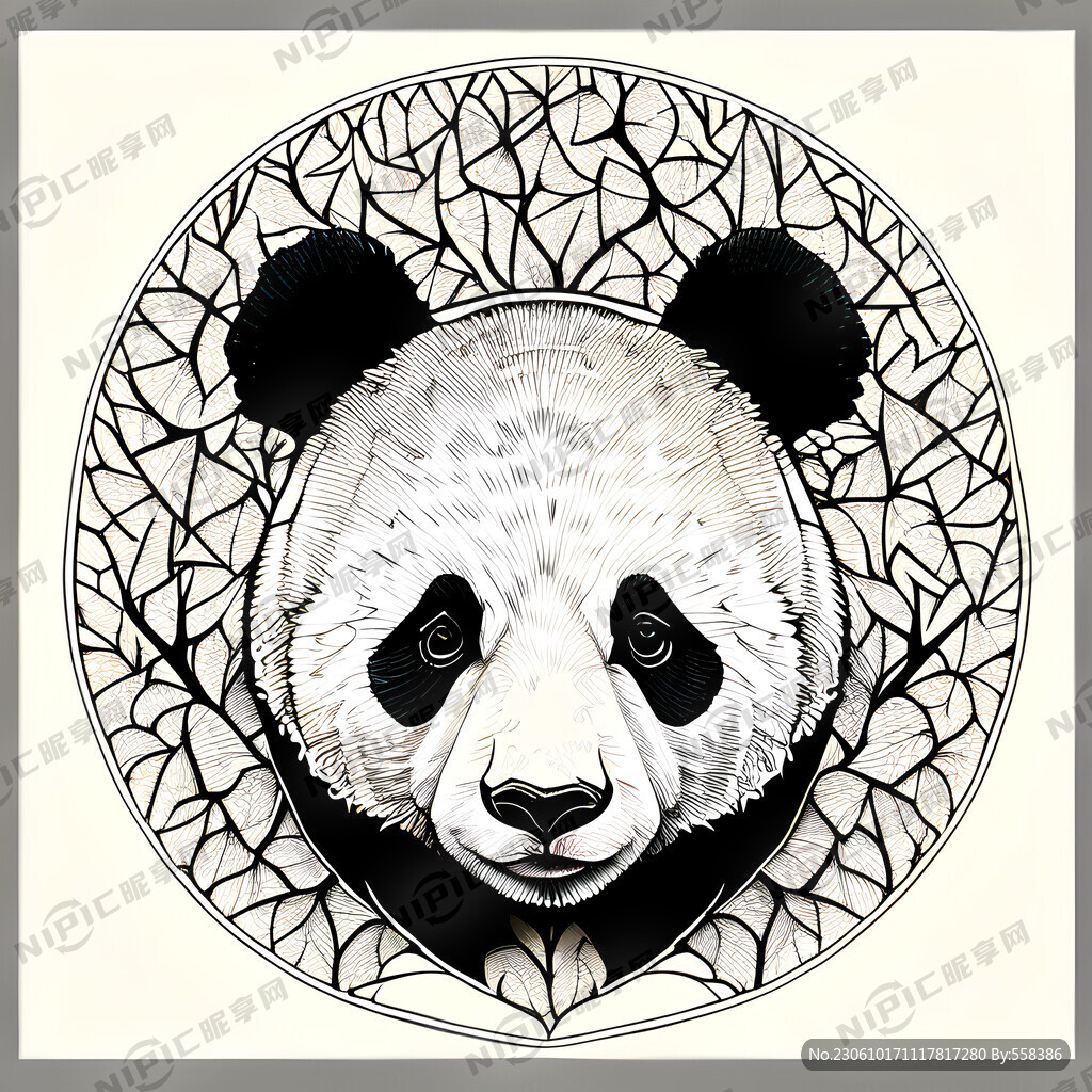 黑白线稿银杏树叶纹理熊猫头