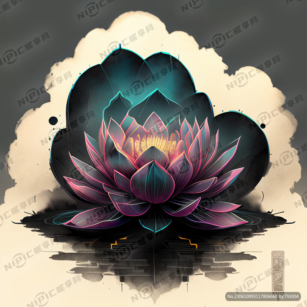 赛博朋克莲花祥云水墨