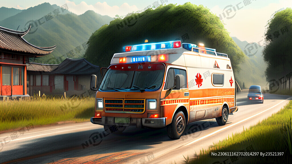 救护车出车 行驶在乡村道路上