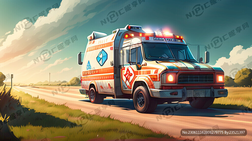 救护车出车 行驶在乡村道路上