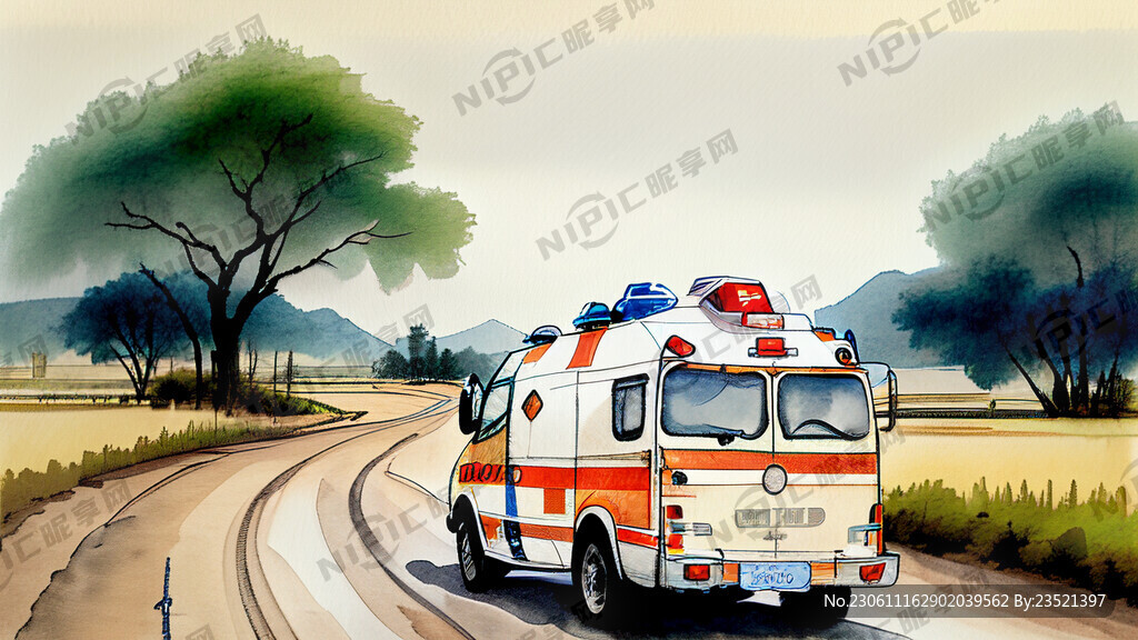 救护车出车 行驶在乡村道路上