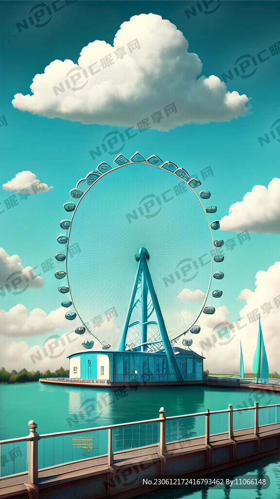 蓝色白云 摩天轮坐落在桥梁上