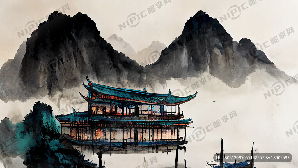 码头 船 古建筑 山水