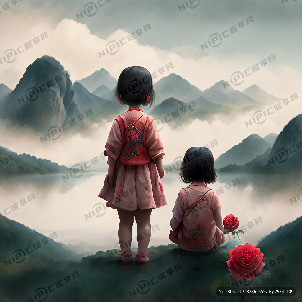 遍地玫瑰 小女孩背影 山水