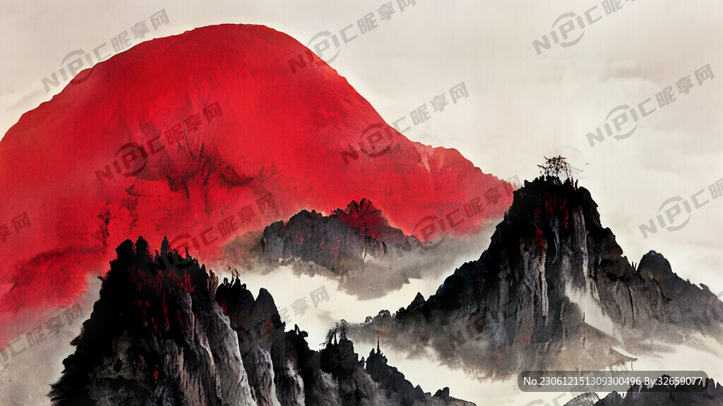 红旗 中国红 山水画