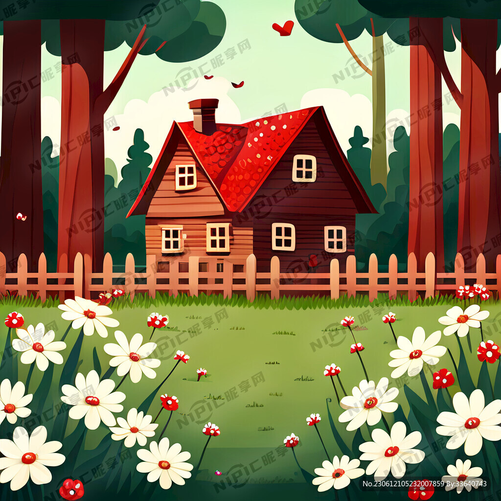 森林卡通背景有木房子篱笆红白花