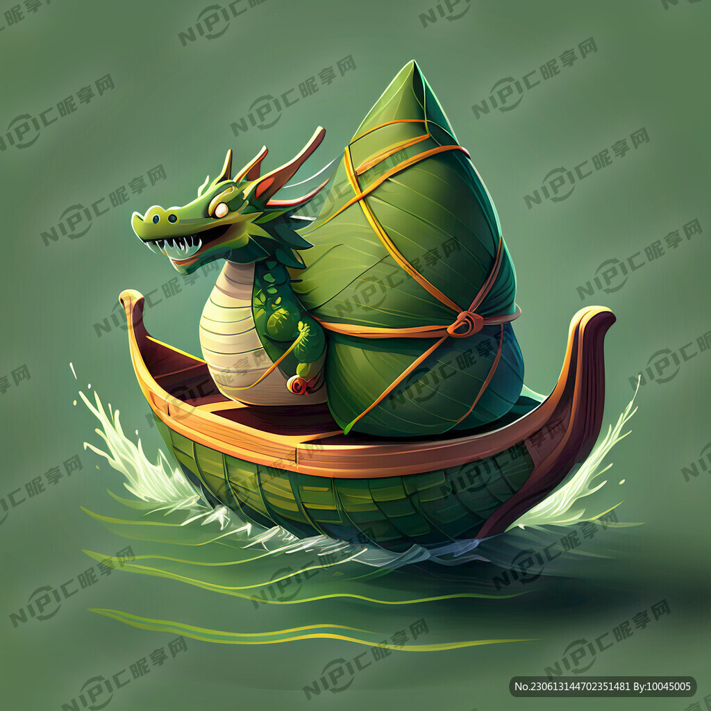 绿颜色的卡通龙舟 装着粽子
