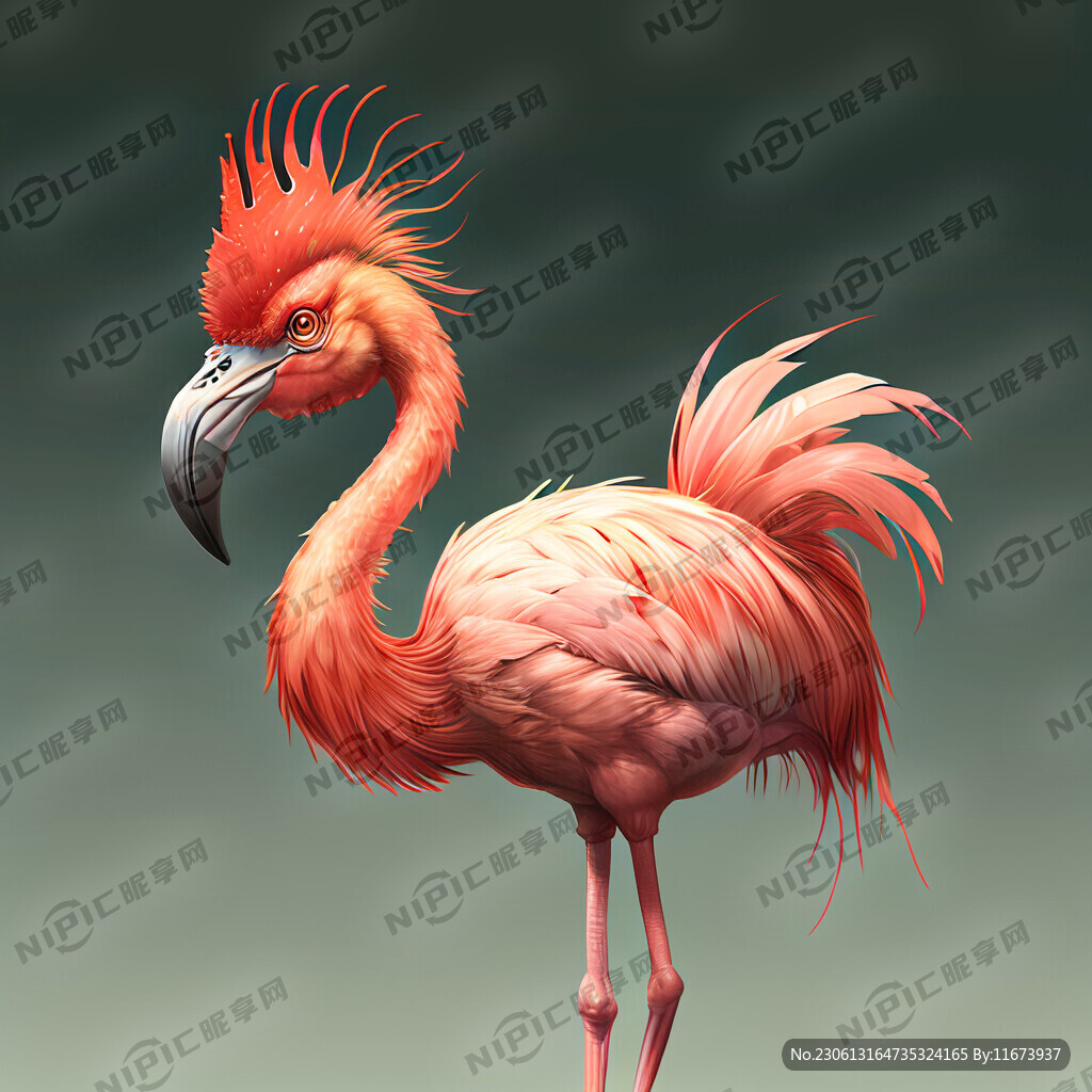 身体通红的火烈鸟头顶为公鸡鸡冠