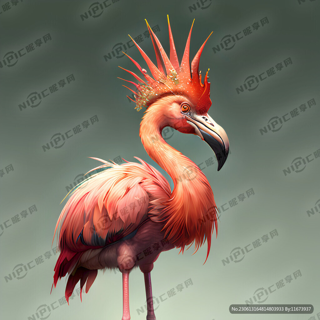 身体通红的火烈鸟头顶为公鸡鸡冠