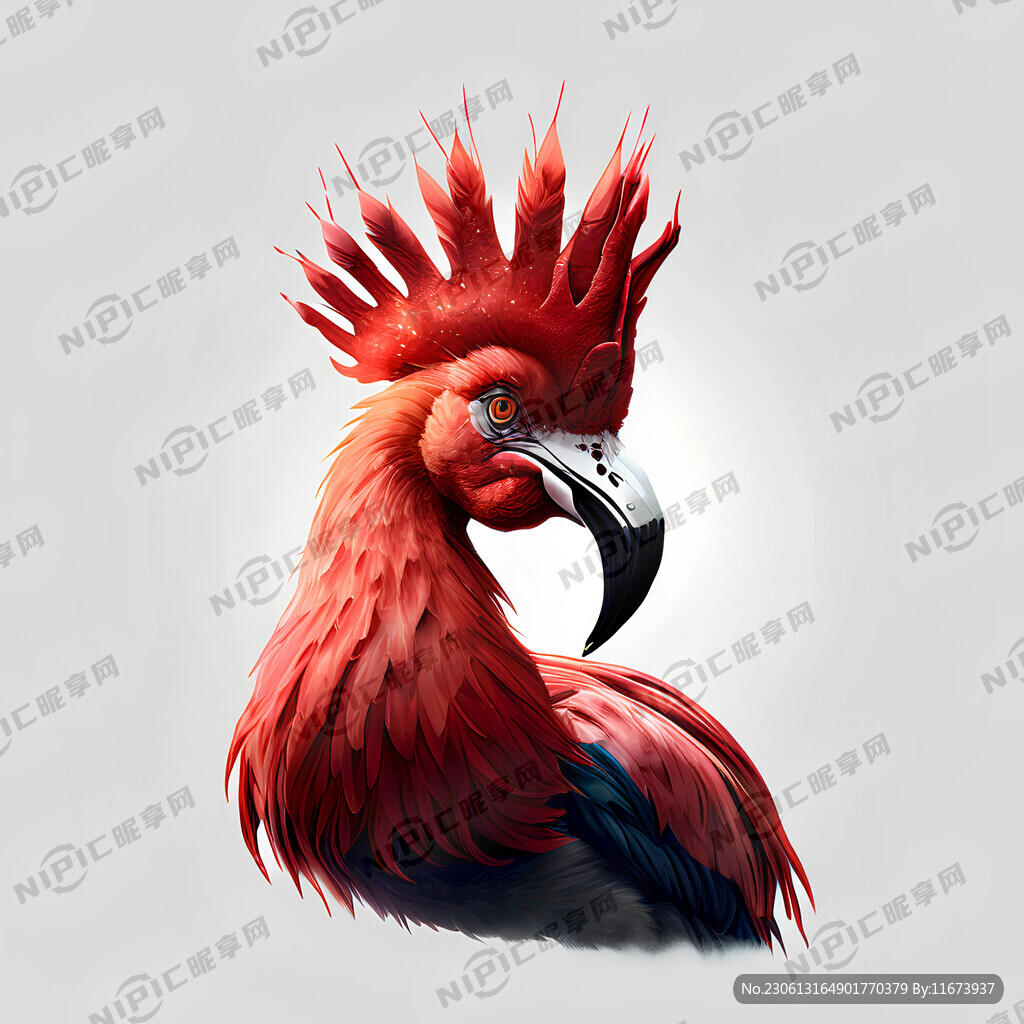 身体通红的火烈鸟头顶为公鸡鸡冠