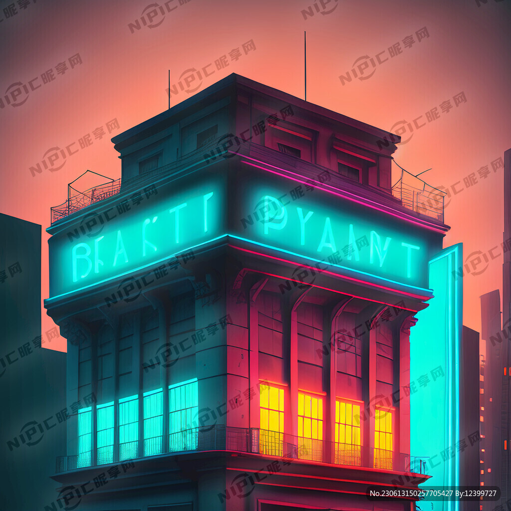 城市古建筑霓虹灯