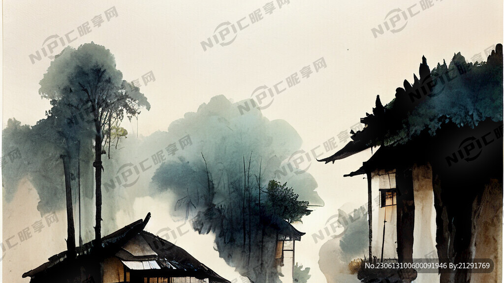 中国画乡村小路竹林小溪小屋炊烟